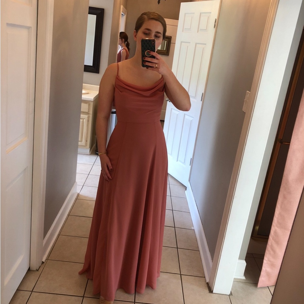 David’s Bridal light pink cowl neck maxi dress